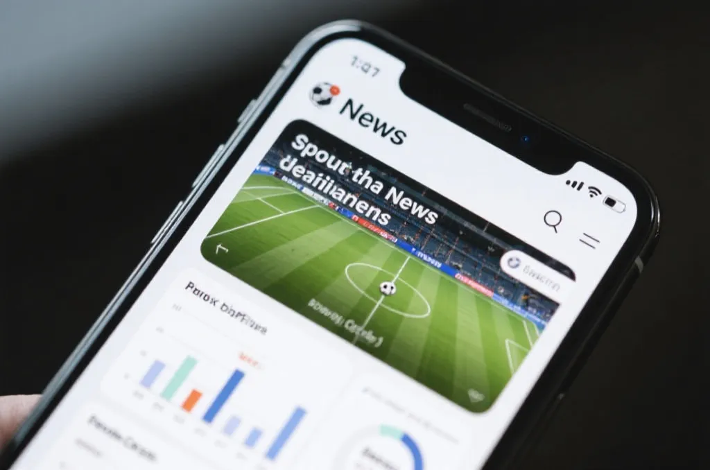 Close-up of a high-end smartphone screen displaying a sports news application, featuring clean typography, football match analytics graphs, and professional sports journalism layout