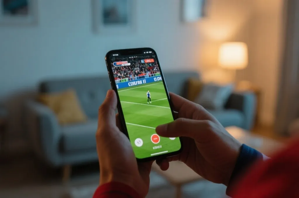 A modern sports fan happily watching a live soccer match on a sleek smartphone in a vibrant living room