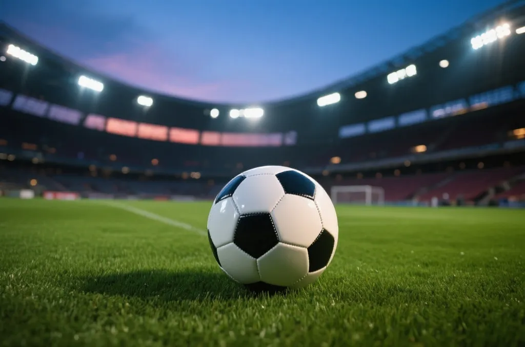 A modern soccer ball on a lush green grass field under beautiful evening stadium lighting