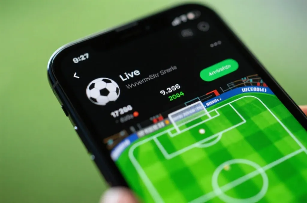 A close-up of a mobile phone screen displaying a live football app with vibrant green pitch and real-time match stats