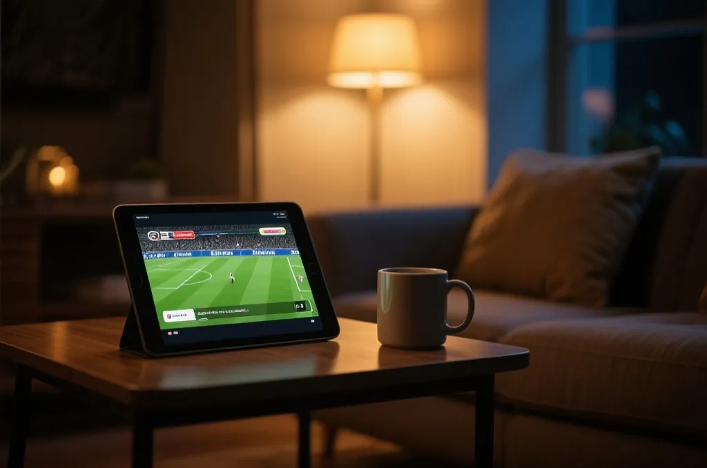 A tablet displaying a live football match stream, placed on a cozy coffee table next to a mug, warm indoor lighting, night atmosphere